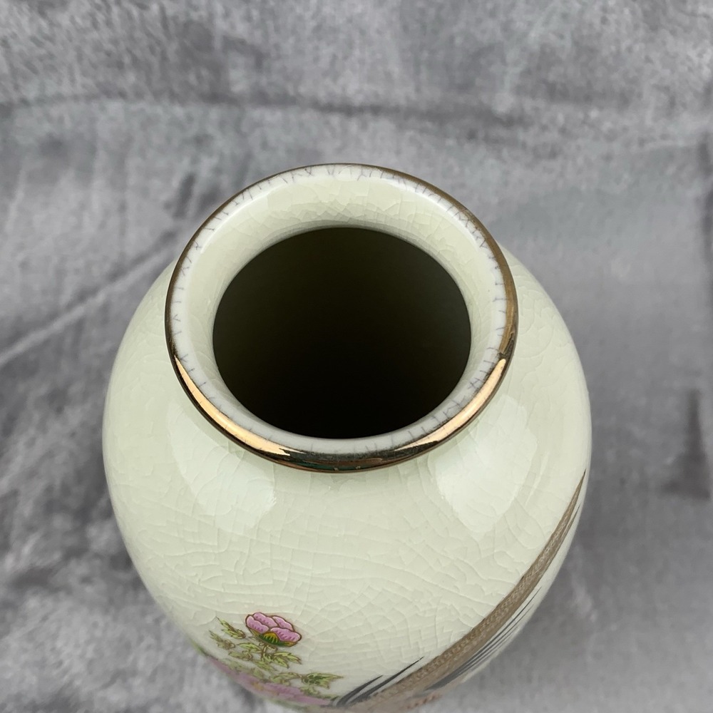 Vintage Vase Handpainted With Gold Leaf Pheasants Made In Japan Crazing - Picture 7 of 14